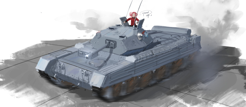 1girl brown_eyes caterpillar_tracks crusader_(tank) emblem english girls_und_panzer ground_vehicle highres military military_vehicle motor_vehicle redhead rosehip short_hair sidneysora st._gloriana's_(emblem) st._gloriana's_military_uniform tank white_background