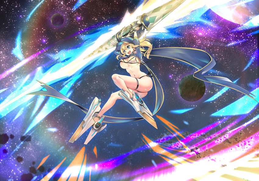 1girl ahoge arms_up artoria_pendragon_(all) ass bangs baseball_cap bikini blonde_hair blue_eyes blue_hat blue_scarf blush boots breasts cleavage fate/grand_order fate_(series) hair_between_eyes hat high_heel_boots high_heels hips lance large_breasts legs long_hair metal_boots mysterious_heroine_xx_(foreigner) navel open_mouth planet polearm ponytail scarf shrug_(clothing) side-tie_bikini smile solo space star_(sky) swimsuit teddy_(khanshin) thighs waist weapon white_bikini