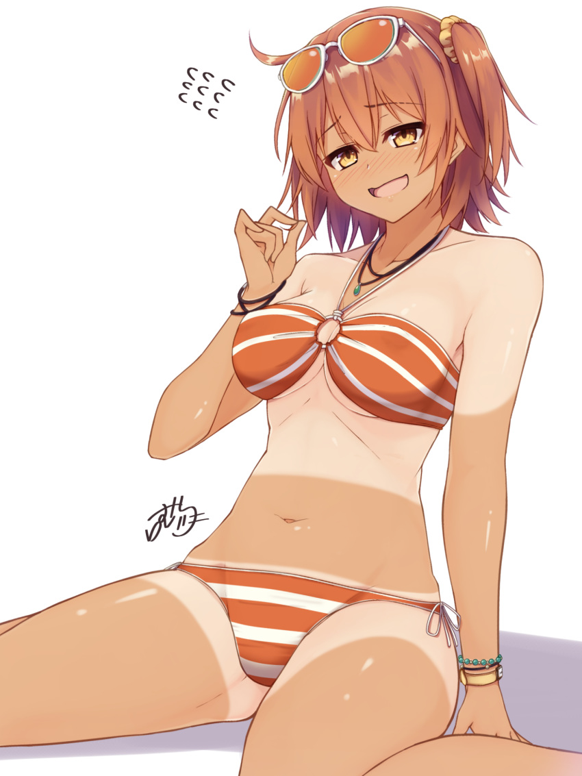 1girl arm_at_side bikini blush bracelet breasts commentary_request dark_skin eyebrows_visible_through_hair eyewear_on_head fate/grand_order fate_(series) flying_sweatdrops fujimaru_ritsuka_(female) hair_between_eyes hair_ornament hair_scrunchie hand_up highres horizontal_stripes jewelry looking_at_viewer medium_breasts navel necklace nose_blush o-ring o-ring_top open_mouth orange_bikini orange_hair orange_scrunchie playing_with_own_hair ramchi scrunchie shadow short_hair side_ponytail signature sitting solo striped striped_bikini sunglasses swimsuit tan tanline wariza watch watch white_background yellow_eyes