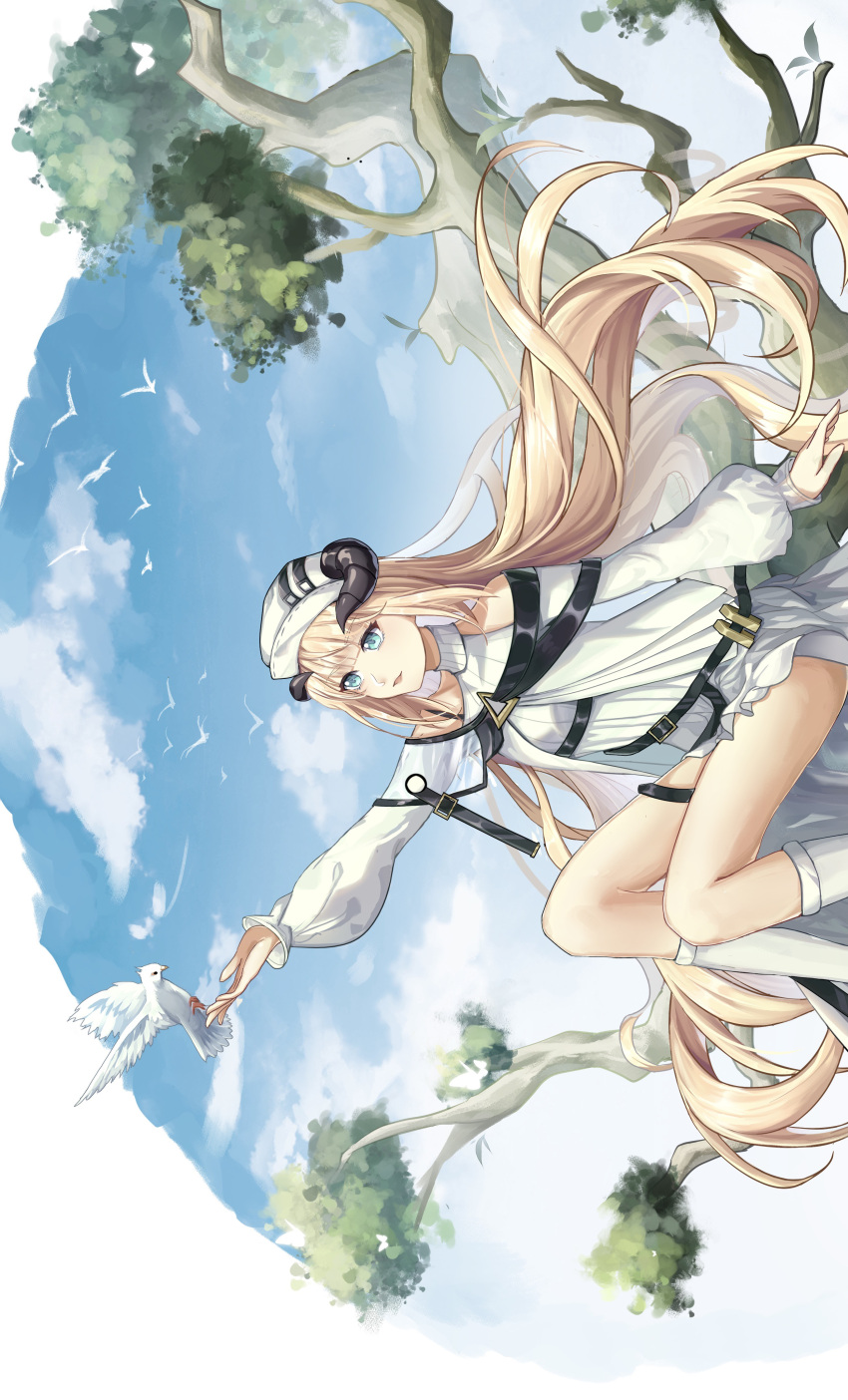 1girl absurdres arknights arm_up bangs bare_shoulders beret bird blonde_hair blue_eyes blue_sky chigelanmei clouds commentary_request day dress feet_out_of_frame hat highres horns horns_through_headwear long_hair long_sleeves nightingale_(arknights) parted_lips sitting sky smile solo thighs tree turtleneck very_long_hair white_dress white_headwear white_legwear