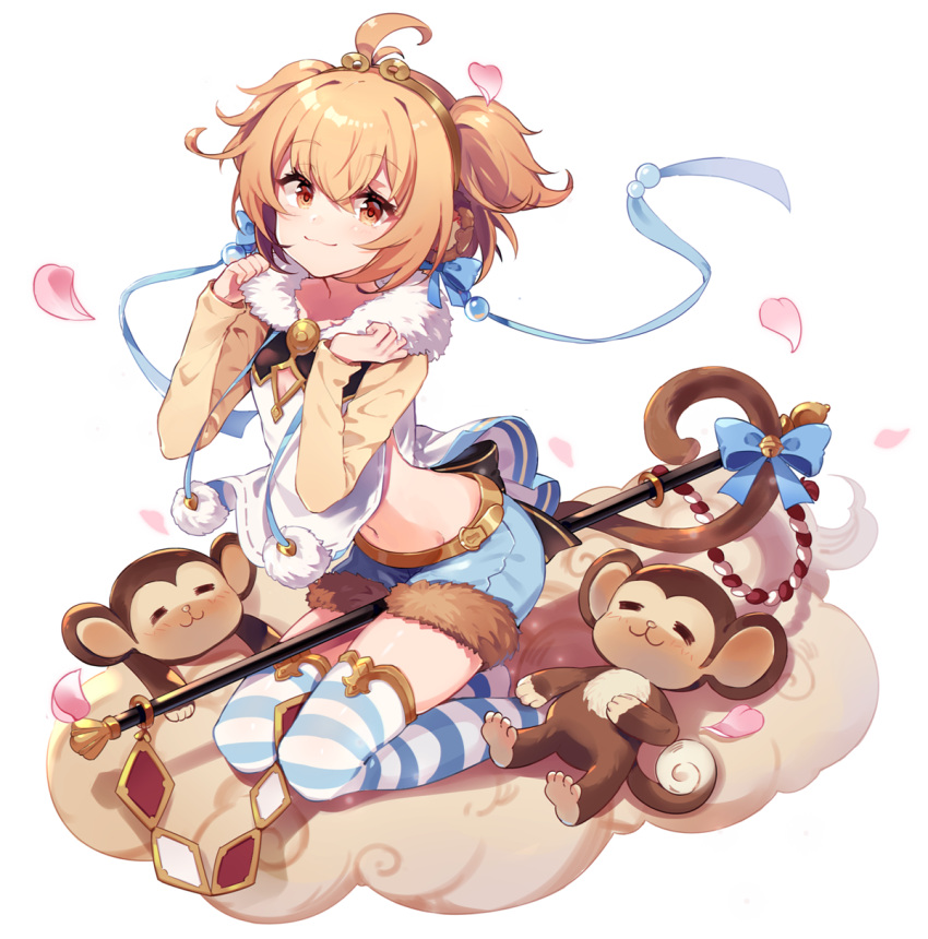 1girl :3 =_= andira_(granblue_fantasy) bell between_legs blonde_hair blue_bow blue_shorts blush bow brown_eyes closed_mouth clouds earmuffs eyebrows_visible_through_hair from_side fur_trim granblue_fantasy highres jingle_bell kneeling long_sleeves looking_at_viewer lying monkey monkey_tail navel on_back petals sharlorc short_twintails shorts staff striped striped_legwear tail tail_bell tail_bow thigh-highs twintails white_background