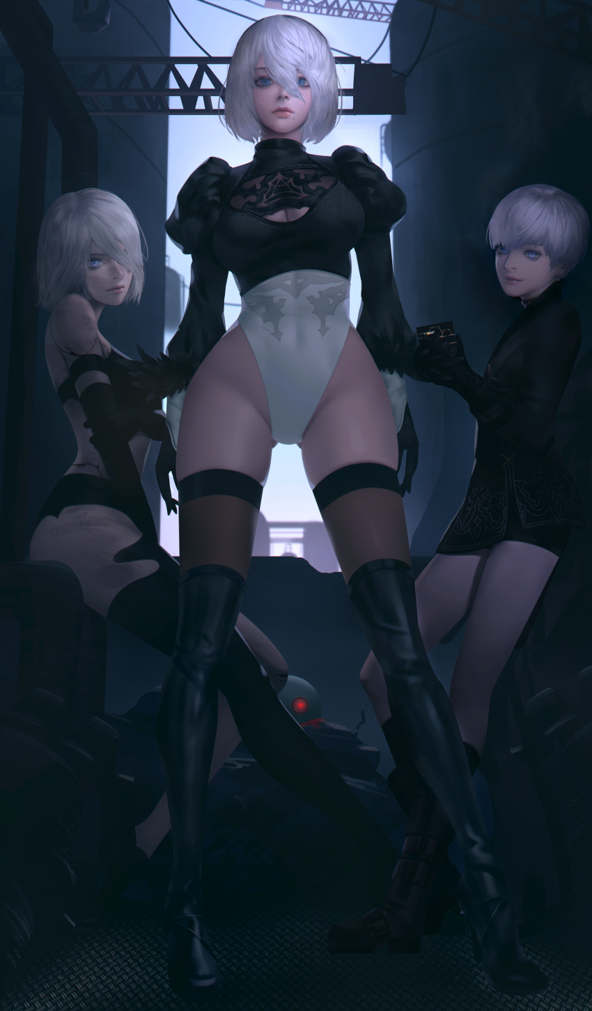 1boy 2girls absurdres ass_visible_through_thighs black_clothes black_legwear blue_eyes boxer_briefs breasts cleavage cleavage_cutout dirty elbow_gloves feather-trimmed_sleeves gloves hair_over_one_eye highres leotard looking_at_viewer male_underwear medium_breasts mole mole_under_mouth multiple_girls nier_(series) nier_automata no_pants puffy_sleeves silver_hair sitting smile standing thaumazo thigh-highs thigh_gap underwear yorha_no._2_type_b yorha_no._9_type_s yorha_type_a_no._2