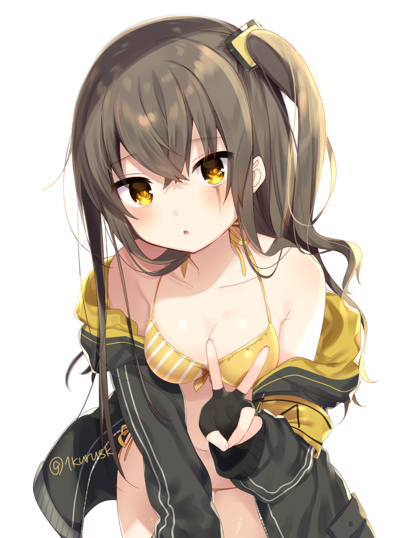 1girl :o bangs bare_shoulders bikini blush breasts brown_hair commentary_request girls_frontline hair_between_eyes highres jacket leaning_forward long_hair looking_at_viewer mafuyu_(chibi21) medium_breasts navel off_shoulder open_clothes open_jacket open_mouth scar sidelocks simple_background solo swimsuit twitter_username ump45_(girls_frontline) v white_background yellow_bikini yellow_eyes