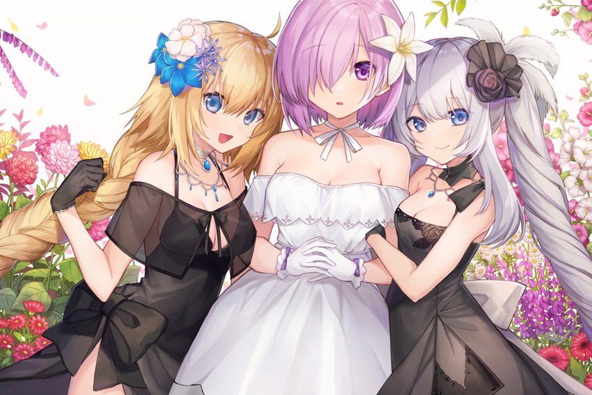 .com_(cu_105) 3girls :d arm_hug bangs bare_shoulders black_bow black_dress black_gloves black_ribbon blonde_hair blue_eyes blue_flower blush bow braid breasts cleavage closed_mouth commentary_request dress eyebrows_visible_through_hair fate/grand_order fate_(series) flower girl_sandwich gloves grey_hair hair_between_eyes hair_flower hair_ornament hair_over_one_eye hair_ribbon hand_up interlocked_fingers jeanne_d'arc_(fate) jeanne_d'arc_(fate)_(all) jewelry long_hair looking_at_viewer marie_antoinette_(fate/grand_order) mash_kyrielight medium_breasts multiple_girls open_mouth parted_lips pendant pink_flower purple_hair red_flower ribbon sandwiched see-through short_hair silver_hair single_braid sleeveless sleeveless_dress smile strapless strapless_dress twintails very_long_hair violet_eyes white_dress white_flower white_gloves yellow_flower