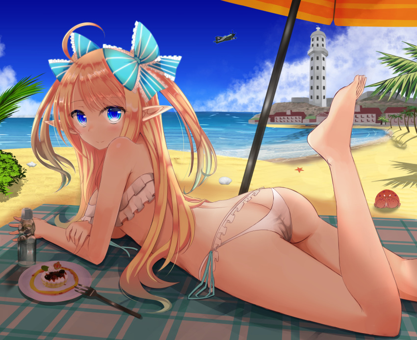 1girl ahoge aircraft airplane alternate_costume ass azur_lane bangs bare_shoulders beach bikini blonde_hair blue_eyes blue_sky bow breasts butt_crack cake centaur_(azur_lane) clouds day elf food foot_up fork frilled_bikini_top hair_bow hair_ornament highres lighthouse long_hair looking_at_viewer lying medium_breasts micro_bikini ocean on_stomach outdoors plate pointy_ears ramune sand shade shell sidelocks sky smile solo starfish suisui_(hakkindou) swimsuit twintails two_side_up white_bikini