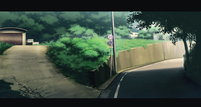 commentary_request day grass ground_vehicle highres letterboxed mitsu_ura motor_vehicle no_humans original outdoors path road scenery shade street telephone_pole tree truck