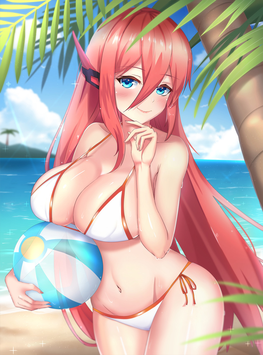 1girl azur_lane ball bangs beach beachball bikini blue_eyes blue_sky blush breasts cleavage closed_mouth clouds commentary_request day eyebrows_visible_through_hair groin hair_between_eyes headgear highres horizon large_breasts leng_xiao long_hair looking_at_viewer navel ocean outdoors ranger_(ragnarok_online) redhead sand side-tie_bikini sky smile solo swimsuit transparent very_long_hair water wet white_bikini