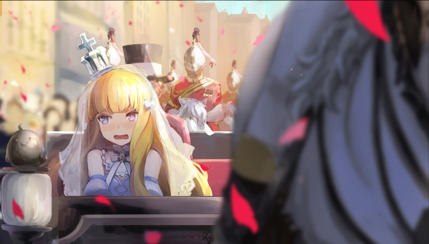 1girl azur_lane bare_shoulders bird blonde_hair blurry blush building carriage chick commentary_request crown day depth_of_field detached_sleeves fang hat helmet horse long_hair mini_crown mosso1120 open_mouth outdoors petals queen_elizabeth_(azur_lane) sitting solo_focus top_hat uniform v-shaped_eyebrows veil violet_eyes