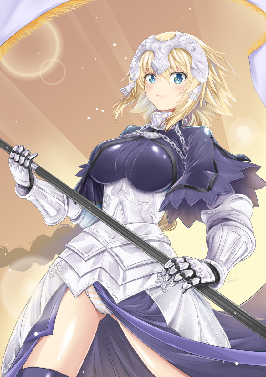 1girl armor armored_dress bangs banner blonde_hair blue_eyes braid capelet chains cigar_cat closed_mouth commentary_request eyebrows_visible_through_hair fate/apocrypha fate/grand_order fate_(series) faulds flag gauntlets hair_between_eyes headpiece highres holding jeanne_d'arc_(fate) jeanne_d'arc_(fate)_(all) long_braid long_hair multicolored multicolored_background panties pantyshot plackart single_braid smile solo staff standing thigh-highs underwear very_long_hair