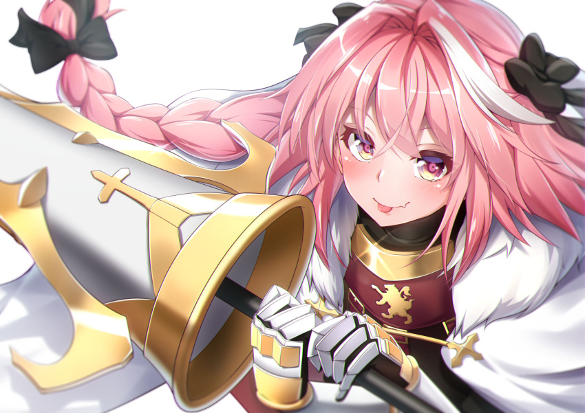 1boy :p astolfo_(fate) bangs black_bow black_gloves black_ribbon black_shirt blurry blush bow braid commentary_request cross depth_of_field eyebrows_visible_through_hair fang fang_out fate/apocrypha fate_(series) floating_hair fur-trimmed_cloak gauntlets glint gloves hair_between_eyes hair_bow hair_intakes hair_ribbon highres holding holding_lance holding_weapon lance long_hair looking_at_viewer male_focus multicolored_hair pink_hair polearm ribbon shiny shiny_hair shirt sidelocks simple_background single_braid smile solo streaked_hair takatun223 tongue tongue_out trap turtleneck upper_body violet_eyes weapon white_background white_cloak white_hair
