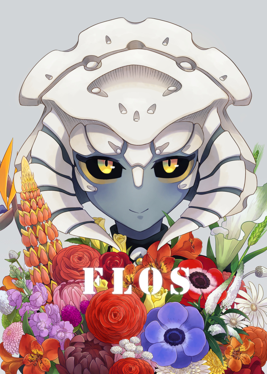 1girl black_sclera bouquet flower flower_request grey_background grey_skin highres horns looking_at_viewer mikuromono monster_girl original rose smile solo yellow_eyes