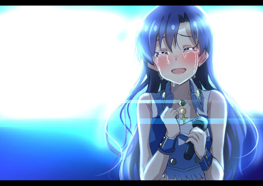 1girl :d absurdres backlighting blue_hair blush collarbone crop_top cross cross_necklace crying crying_with_eyes_open hair_between_eyes head_tilt highres holding holding_microphone idol idolmaster idolmaster_(classic) jewelry kisaragi_chihaya lieass long_hair microphone necklace open_mouth shiny shiny_hair sleeveless smile solo tears upper_body very_long_hair white_background wristband