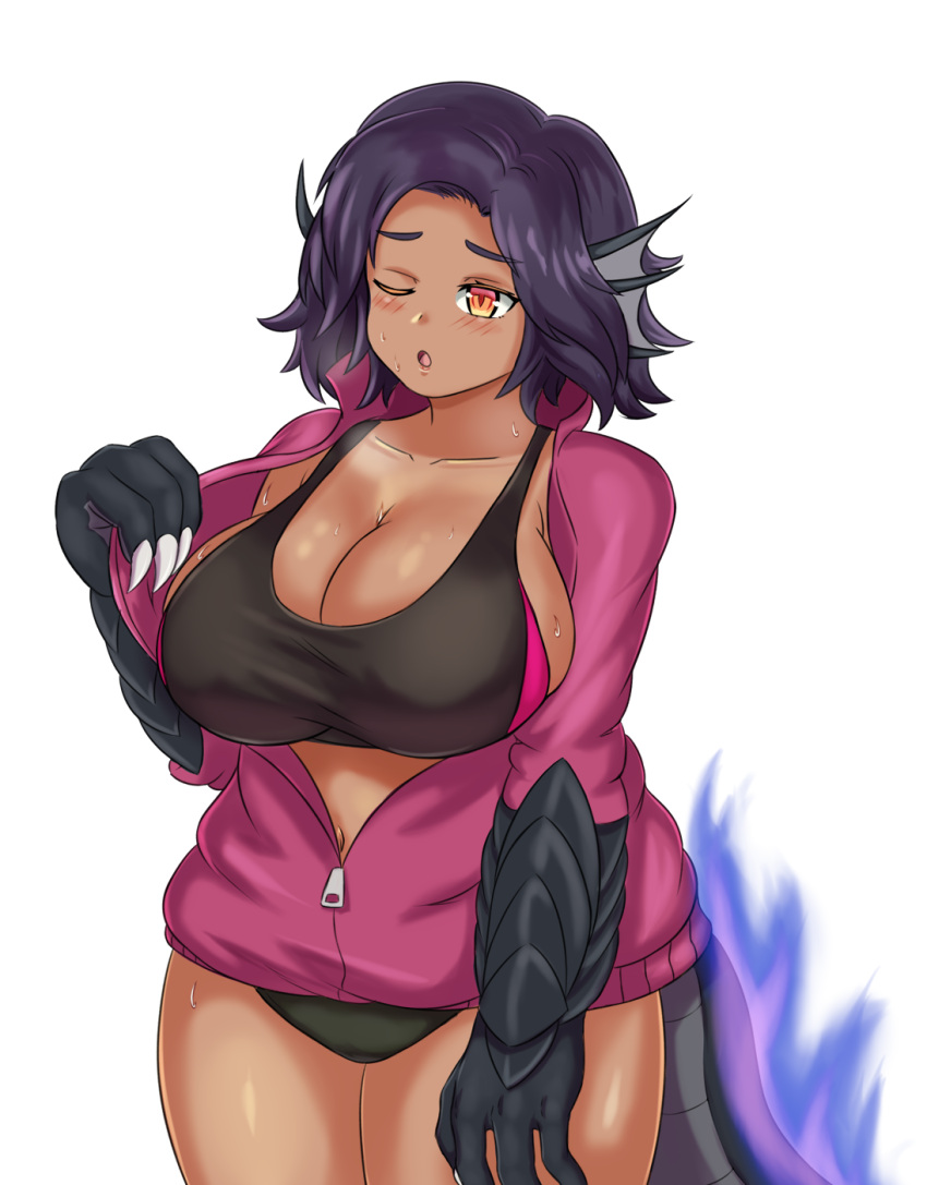 1girl ;o breasts claws cleavage collarbone commentary cowboy_shot dark_skin english_commentary fiery_tail fire head_fins highres jacket large_breasts lizard_tail monster_girl monster_girl_encyclopedia nav navel one_eye_closed open_clothes open_jacket paws purple_fire purple_hair red_eyes salamander_(monster_girl_encyclopedia) short_hair simple_background solo sweat tail tank_top thick_thighs thighs white_background