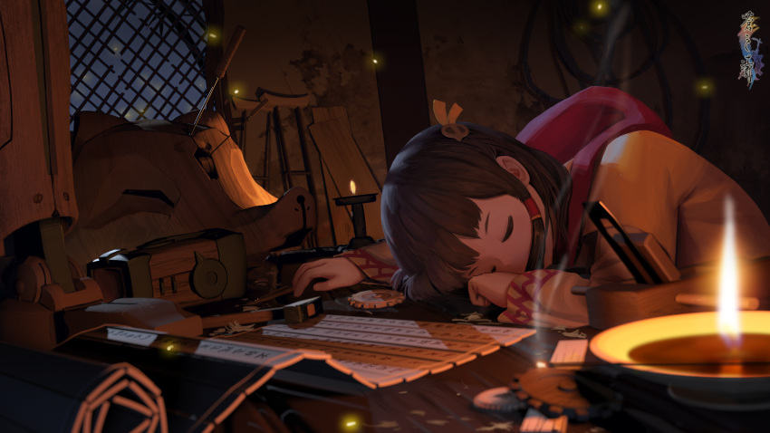 1girl absurdres black_hair closed_eyes fire highres hood hoodie knife long_hair night original scroll sleeping solo table youguang_liangliang