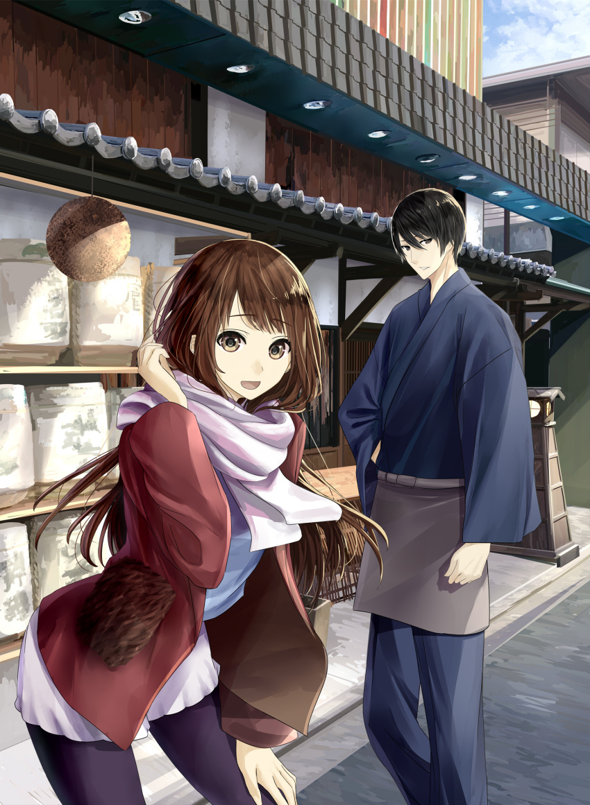 1boy 1girl :d architecture arm_at_side black_eyes black_hair black_legwear blue_sky brown_eyes brown_hair chef_no_kimagure_salad east_asian_architecture hand_on_own_leg hand_up highres jacket kyoto_teramachi_sanjo_no_holmes long_hair looking_at_viewer mashiro_aoi official_art open_mouth outdoors red_jacket scarf sky smile standing white_scarf yagashira_kiyotaka