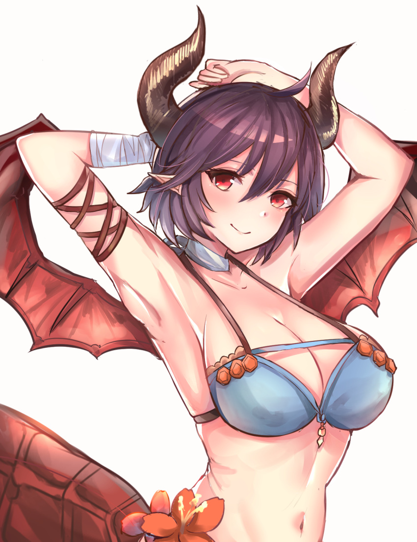 1girl ahoge arms_behind_head ayumira_(axlx3) bandage bandaged_arm bandaged_hand bandages blue_bikini_top blush breasts choker cleavage collarbone commentary_request dragon_girl dragon_horns dragon_tail dragon_wings granblue_fantasy grea_(shingeki_no_bahamut) head_tilt highres horns large_breasts looking_at_viewer navel purple_hair red_eyes short_hair smile solo tail upper_body upper_boy white_background wings