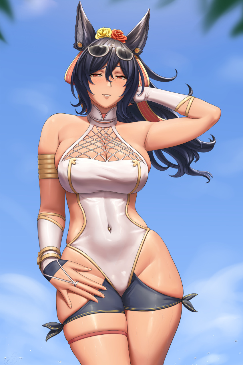 1girl animal_ears armband bangs bare_shoulders black_hair blue_sky breasts cleavage commentary cowboy_shot day english_commentary flower granblue_fantasy hair_between_eyes hair_flower hair_ornament hair_ribbon highres ilsa large_breasts long_hair looking_at_viewer lvl_(sentrythe2310) one-piece_swimsuit outdoors palms red_eyes ribbon sky solo sunglasses swimsuit white_swimsuit