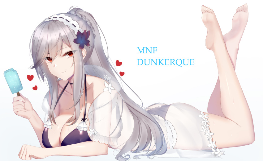 1girl ass azur_lane bangs barefoot bikini blush breasts character_name choker cleavage collarbone dunkerque_(azur_lane) eternity_(pixiv8012826) eyebrows_visible_through_hair eyes_visible_through_hair feet_up flower flying_heart food full_body grey_hair hair_flower hair_ornament hairband highres holding holding_food large_breasts long_hair looking_at_viewer lying on_stomach pink_eyes ponytail popsicle purple_bikini sidelocks simple_background solo sweat swimsuit thighs white_background
