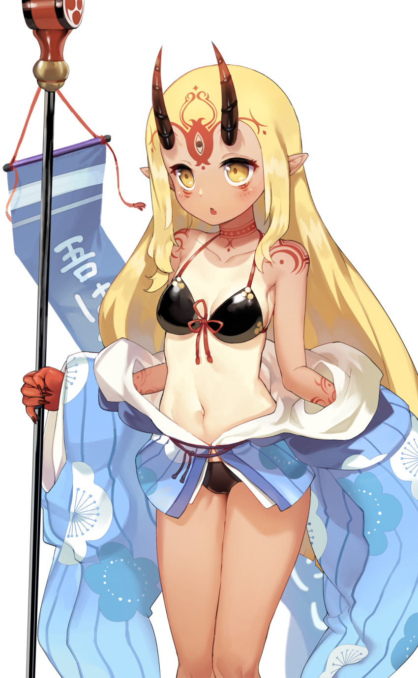 1girl bare_shoulders bikini bikini_under_clothes black_bikini blonde_hair blue_kimono breasts chestnut_mouth facial_mark fang fate/grand_order fate_(series) fingernails forehead_mark front-tie_bikini front-tie_top highres holding horns ibaraki_douji_(fate/grand_order) ibaraki_douji_(swimsuit_lancer)_(fate) japanese_clothes jehyun kimono long_fingernails long_hair navel off_shoulder one-piece_tan oni oni_horns parted_lips pointy_ears simple_background small_breasts solo standing swimsuit tan tanline very_long_hair white_background