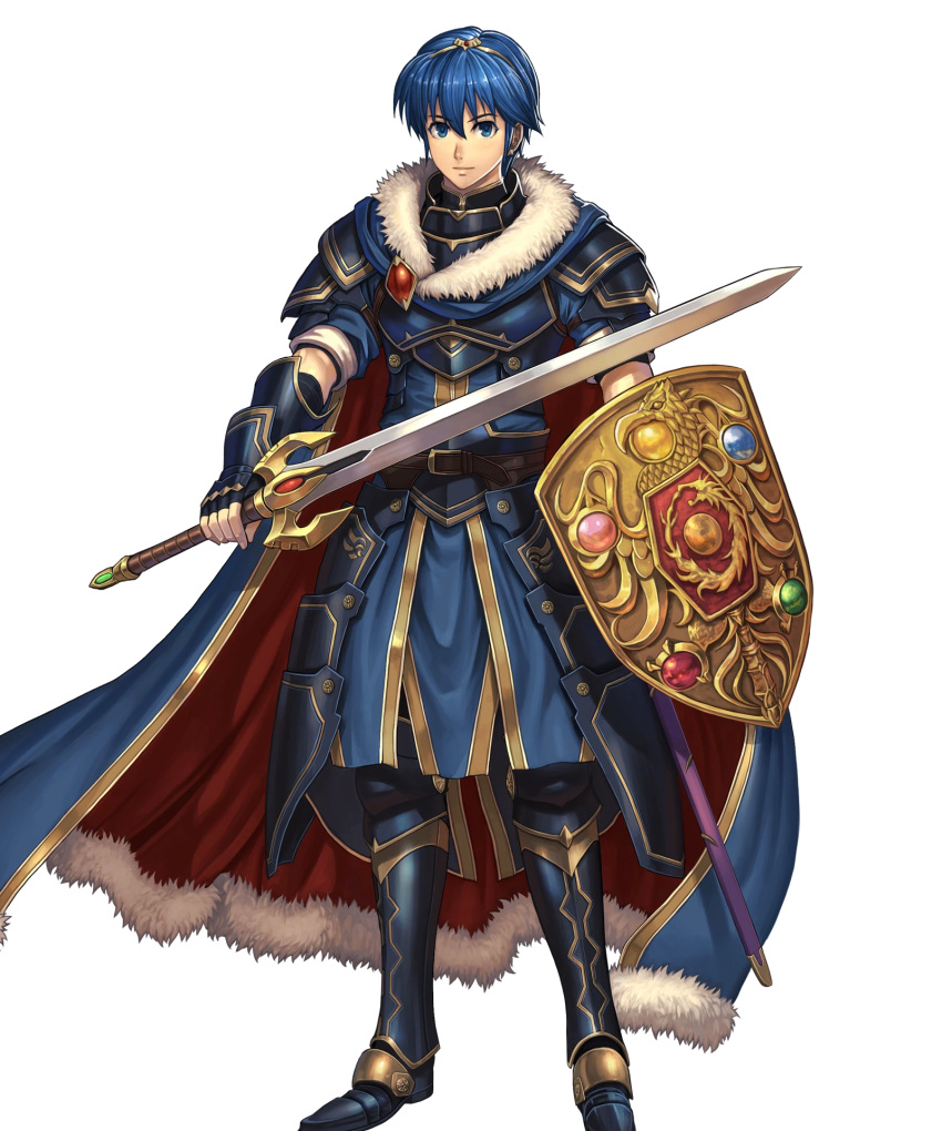 1boy armor armored_boots belt blue_eyes blue_hair boots cape closed_mouth falchion_(fire_emblem) fingerless_gloves fire_emblem fire_emblem:_mystery_of_the_emblem fire_emblem_heroes full_body fur_trim gloves highres holding holding_shield holding_sword holding_weapon izuka_daisuke jewelry light_smile looking_at_viewer marth official_art sheath shield shiny shiny_hair short_hair short_sleeves shoulder_armor shoulder_pads sword tiara transparent_background weapon