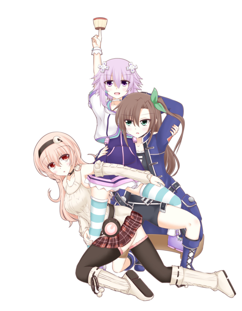 3girls :d amo_chenbe arm_up black_legwear blue_coat blue_footwear blush boots breasts brown_eyes brown_hair choker coat collarbone compa detached_sleeves dress eyebrows_visible_through_hair food green_eyes gundam_narrative hair_between_eyes hair_ornament highres if_(choujigen_game_neptune) large_breasts lavender_eyes lavender_hair long_hair long_sleeves looking_at_viewer multiple_girls narrative_formation neptune_(choujigen_game_neptune) neptune_(series) one_knee one_side_up open_clothes open_coat open_mouth parody parted_lips pink_hair plaid plaid_skirt pleated_skirt pudding ribbed_sweater skirt smile striped striped_legwear sweater sweater_vest thigh-highs white_background wrist_cuffs