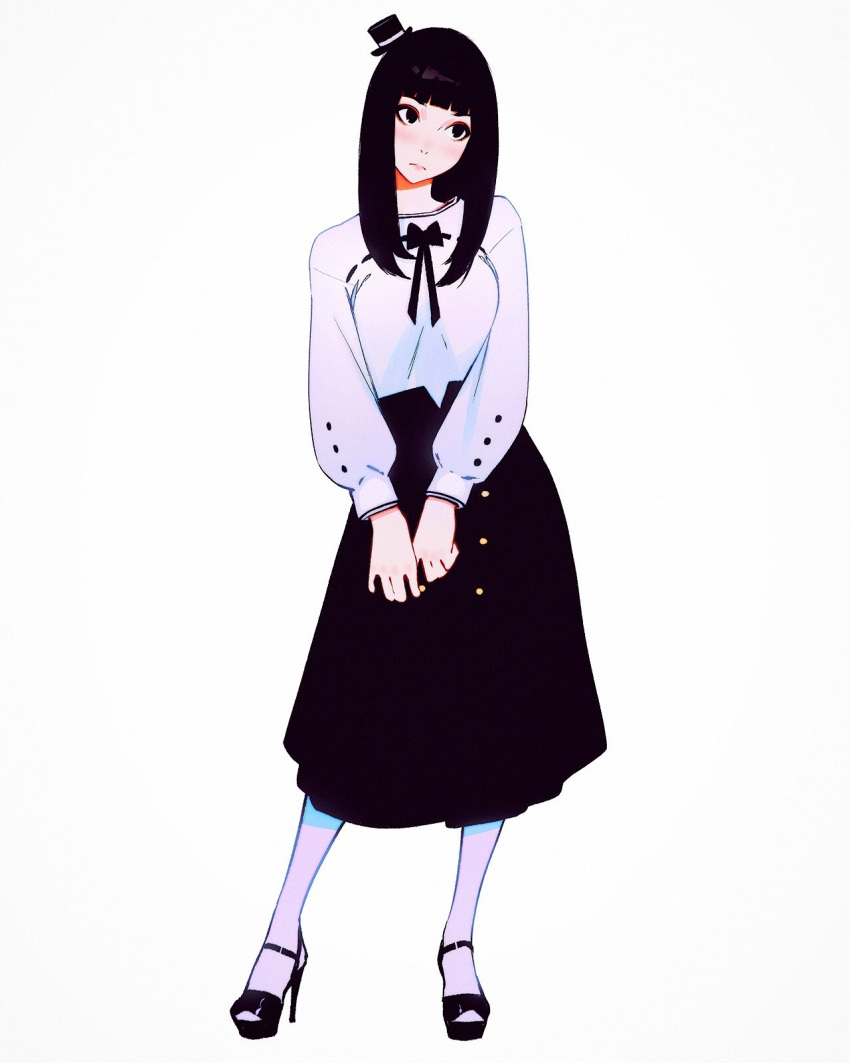 1girl bangs black_bow black_eyes black_footwear black_hair black_hat black_skirt blunt_bangs blush bow closed_mouth commentary contrapposto full_body hat head_tilt high_heels highres ilya_kuvshinov long_hair long_sleeves looking_away looking_to_the_side mini_hat mini_top_hat original own_hands_together pantyhose puffy_long_sleeves puffy_sleeves ribbon-trimmed_shirt shirt simple_background skirt solo standing straight_hair top_hat white_background white_legwear white_shirt