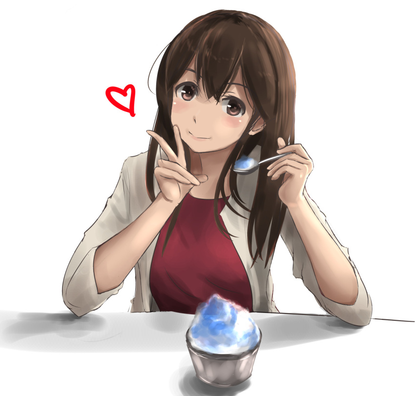 1girl akagi_(kantai_collection) alternate_costume black_hair blush breasts brown_eyes closed_mouth food hair_between_eyes haruto_(harut_n) highres jacket kantai_collection large_breasts long_hair looking_at_viewer medium_breasts shaved_ice simple_background sitting smile solo spoon v white_background white_jacket