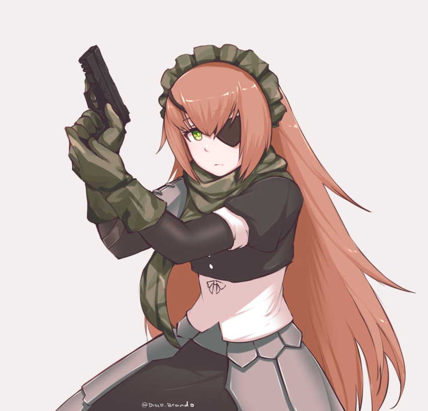 1girl bangs brown_hair commentary cz2128_delta disco_brando eyepatch frown gloves gren grey_background gun hair_between_eyes handgun highres khakis long_hair looking_at_viewer maid_headdress overlord_(maruyama) serious simple_background solo twitter_username very_long_hair weapon