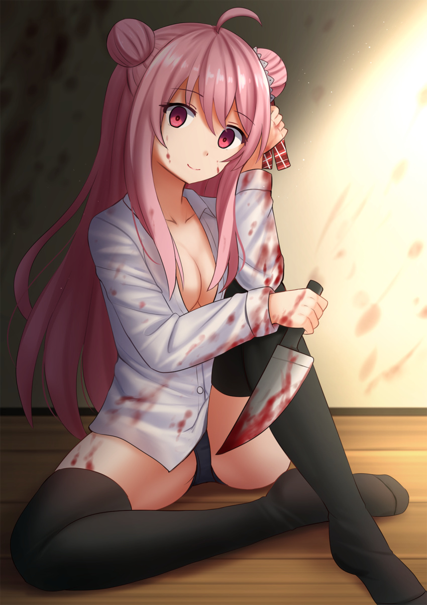 1girl ahoge arm_up black_legwear black_panties blood blood_on_face bloody_clothes breasts cleavage closed_mouth collarbone commentary double_bun dress_shirt happy_sugar_life head_tilt highres holding holding_knife kazenokaze knife long_hair long_sleeves matsuzaka_satou medium_breasts no_shoes on_floor open_clothes open_shirt panties pink_hair red_eyes shirt side_bun sitting smile solo thigh-highs underwear very_long_hair white_shirt wooden_floor
