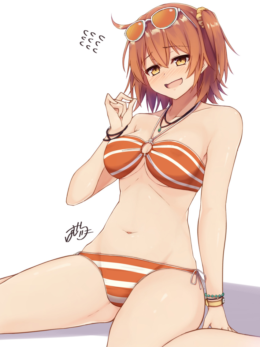 1girl arm_at_side bikini blush bracelet breasts eyebrows_visible_through_hair eyewear_on_head fate/grand_order fate_(series) flying_sweatdrops fujimaru_ritsuka_(female) hair_between_eyes hair_ornament hair_scrunchie hand_up highres horizontal_stripes jewelry looking_at_viewer medium_breasts navel necklace nose_blush o-ring o-ring_top open_mouth orange_bikini orange_hair orange_scrunchie playing_with_own_hair ramchi scrunchie shadow short_hair side_ponytail signature sitting solo striped striped_bikini sunglasses swimsuit wariza watch watch white_background yellow_eyes