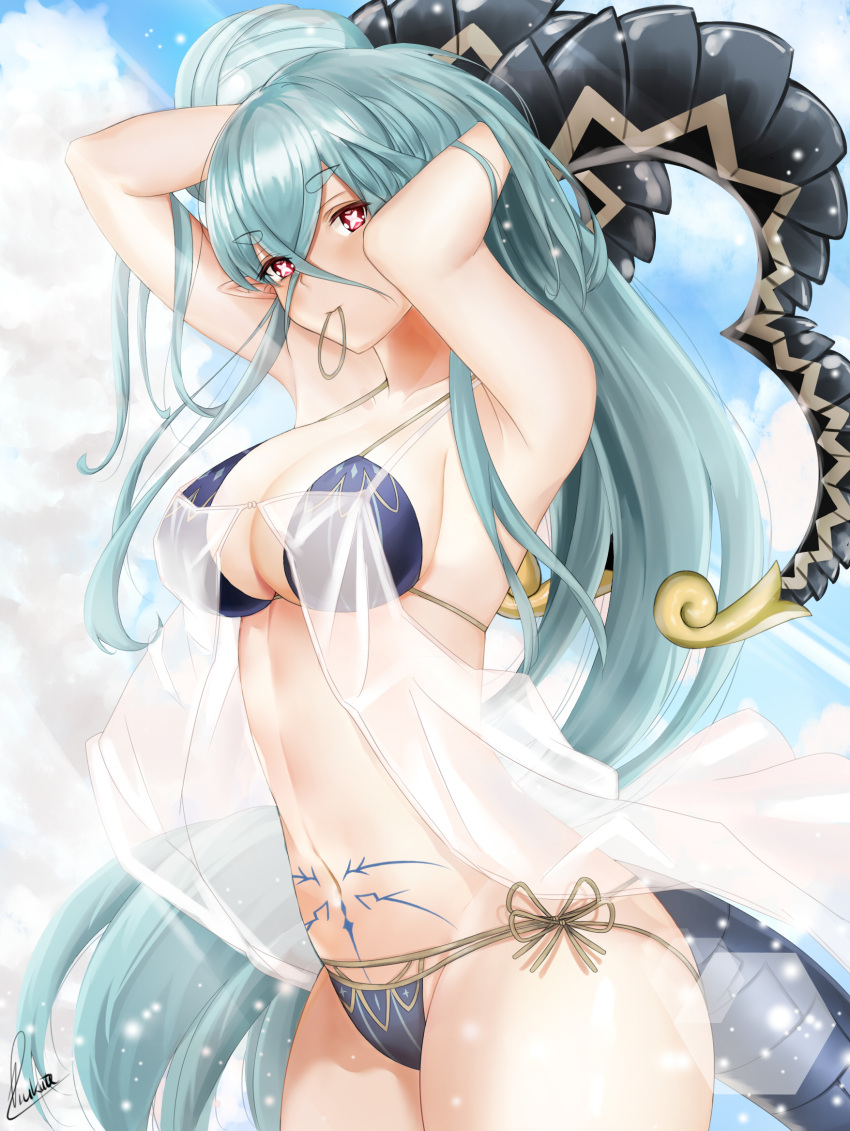1girl bikini blue_hair breasts clouds eyebrows_visible_through_hair fate/grand_order fate_(series) highres horns large_breasts long_hair looking_at_viewer mouth_hold navel piukute062 pointy_ears see-through side-tie_bikini sky solo star star-shaped_pupils stomach_tattoo swimsuit symbol-shaped_pupils tail tattoo tiamat_(fate/grand_order) tying_hair very_long_hair violet_eyes