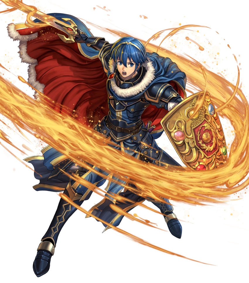 1boy armor armored_boots belt blue_eyes blue_hair boots cape falchion_(fire_emblem) fingerless_gloves fire fire_emblem fire_emblem:_mystery_of_the_emblem fire_emblem_heroes full_body fur_trim gloves highres holding holding_shield holding_sword holding_weapon izuka_daisuke jewelry marth official_art open_mouth sheath shield shiny shiny_hair shoulder_armor shoulder_pads solo sword tiara transparent_background weapon