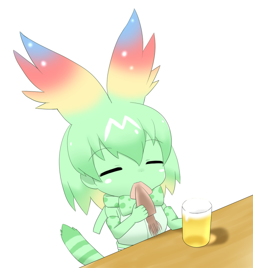 1girl alcohol animal_ears bangs bare_shoulders beer beer_mug blonde_hair bow cerval closed_eyes cup drinking_glass elbow_gloves eyebrows_visible_through_hair facing_viewer foam food gloves gradient_hair green_bow green_gloves green_hair green_shirt green_skin hair_between_eyes highres holding holding_cup holding_food kemono_friends multicolored_hair serval_ears serval_print serval_tail shin01571 shirt simple_background sleeveless sleeveless_shirt solo squid striped_tail tail white_background