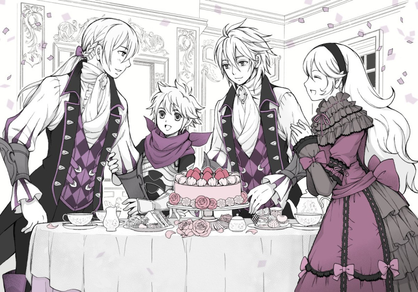 1girl 3boys alicest0113 butler cake cake_stand closed_eyes cup deere_(fire_emblem_if) european_clothes female_my_unit_(fire_emblem_if) fire_emblem fire_emblem_if food gloves joker_(fire_emblem_if) kanna_(fire_emblem_if) multiple_boys my_unit_(fire_emblem_if) pointy_ears ponytail smile tea tea_set teacup white_hair