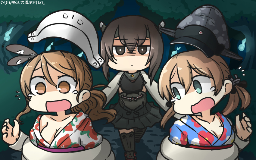 3girls anchor_hair_ornament black_skirt blush breasts brown_hair commentary forest hair_ornament hamu_koutarou hat headgear highres japanese_clothes kantai_collection kimono large_breasts littorio_(kantai_collection) long_hair long_sleeves looking_at_viewer military military_hat military_uniform miniskirt multiple_girls nature open_mouth outdoors peaked_cap ponytail prinz_eugen_(kantai_collection) short_hair_with_long_locks skirt small_breasts taihou_(kantai_collection) tentacle twintails uniform yukata