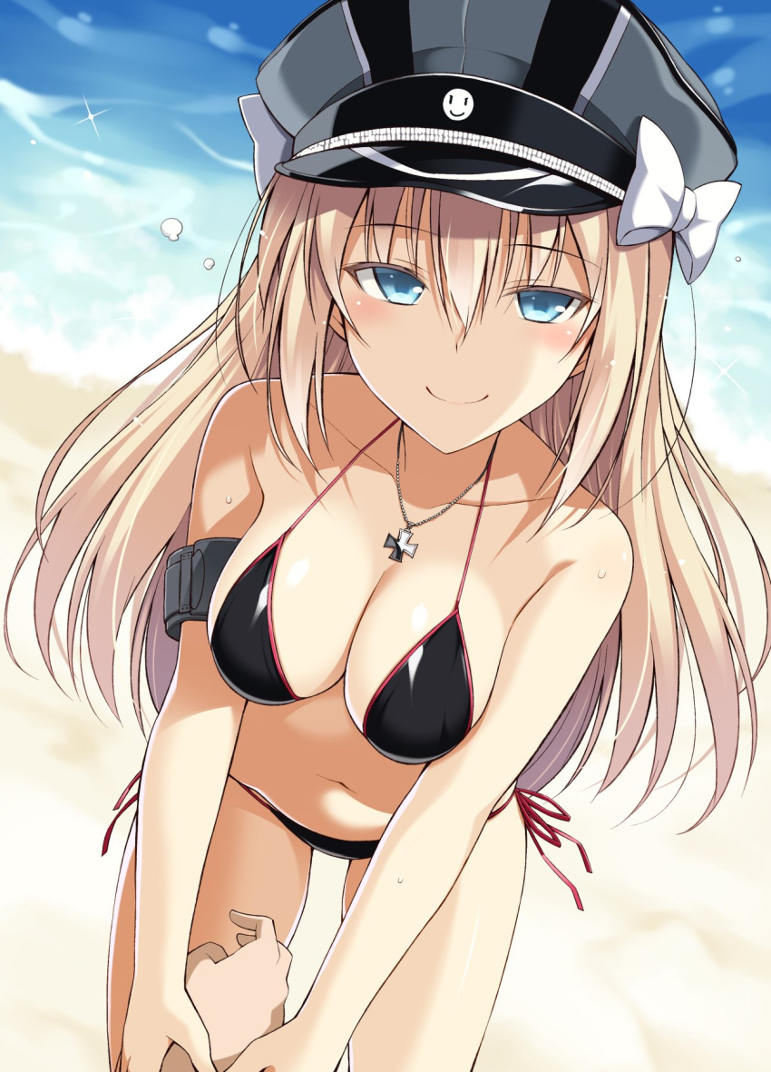 1girl beach bikini bismarck_(kantai_collection) black_bikini blonde_hair blue_eyes blush breasts hat highres holding_hand iron_cross jewelry kantai_collection long_hair necklace oota_yuuichi peaked_cap ribbon smile smiley_face string_bikini swimsuit