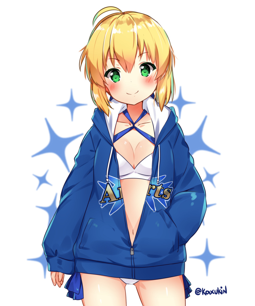 1girl absurdres arm_at_side artoria_pendragon_(all) artoria_pendragon_(swimsuit_archer) bangs bikini bikini_under_clothes blonde_hair blue_eyes blue_jacket blush breasts cleavage closed_mouth clothes_writing collarbone cowboy_shot criss-cross_halter drawstring english eyebrows_visible_through_hair fate/grand_order fate_(series) halterneck hand_in_pocket heart heart-shaped_pupils hey_xander highres hood hood_down hooded_jacket jacket long_sleeves looking_at_viewer medium_breasts navel open_clothes open_jacket partially_unzipped shiny shiny_skin short_hair side-tie_bikini sidelocks sleeves_past_wrists smile solo sparkle_background swimsuit symbol-shaped_pupils thighs twitter_username white_bikini zipper_pull_tab