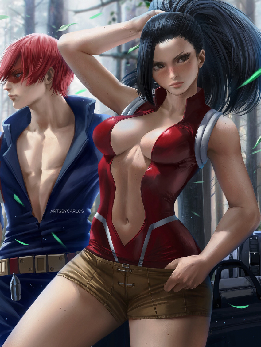 1boy 1girl absurdres bare_shoulders black_hair blush bodysuit boku_no_hero_academia breasts brown_eyes brown_shorts burn_scar carlos_miguel center_opening chest cleavage closed_mouth collarbone commentary english_commentary freckles heterochromia high_ponytail highres large_breasts multicolored_hair navel pectorals ponytail red_shirt redhead scar shirt short_shorts shorts skin_tight standing todoroki_shouto two-tone_hair white_hair yaoyorozu_momo