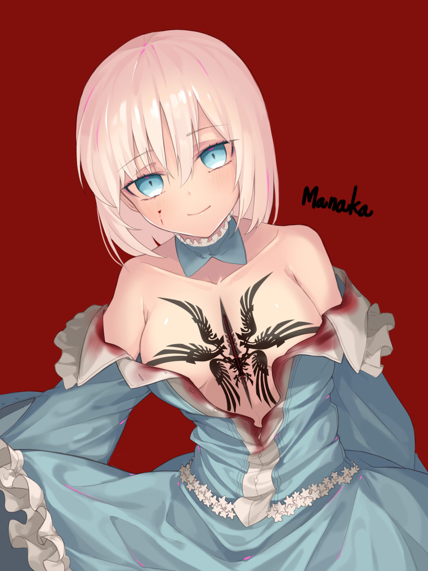 1girl absurdres bare_shoulders blonde_hair blood blood_on_face blue_dress blue_eyes breasts collarbone command_spell detached_collar dress fate/prototype fate_(series) frilled_dress frills highres huyou_(awegk) looking_at_viewer medium_breasts off-shoulder_dress off_shoulder red_background sajou_manaka short_hair simple_background smile solo tattoo wide_sleeves