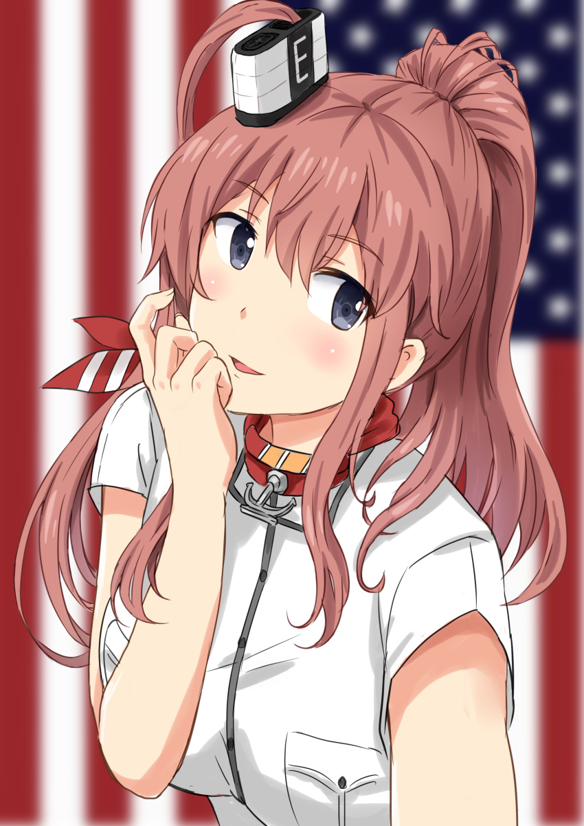 1girl absurdres american_flag anchor blue_eyes blurry breast_pocket brown_hair depth_of_field dress hair_between_eyes hair_ornament highres kantai_collection looking_at_viewer neckerchief pocket ponytail red_neckwear saratoga_(kantai_collection) side_ponytail sidelocks smokestack solo upper_body white_dress yinzhai