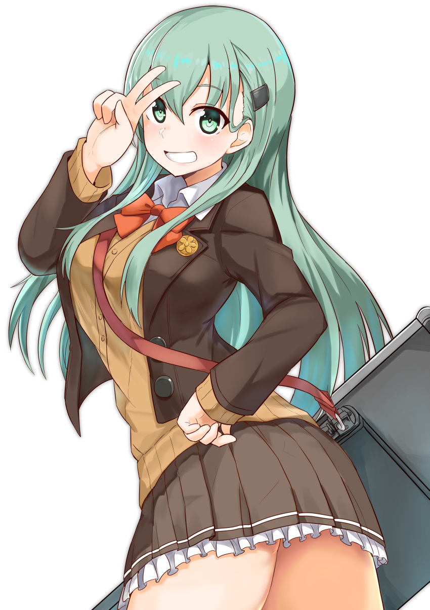 1girl absurdres aqua_eyes aqua_hair blush bow bowtie breasts brown_jacket brown_skirt brown_sweater commentary_request eyebrows_visible_through_hair grin hair_between_eyes hair_ornament hairclip hand_on_hip highres jacket kantai_collection large_breasts long_hair looking_at_viewer miniskirt okitsugu pleated_skirt red_neckwear remodel_(kantai_collection) revision school_uniform shirt simple_background single_stripe skirt smile solo suzuya_(kantai_collection) sweater v white_background white_shirt