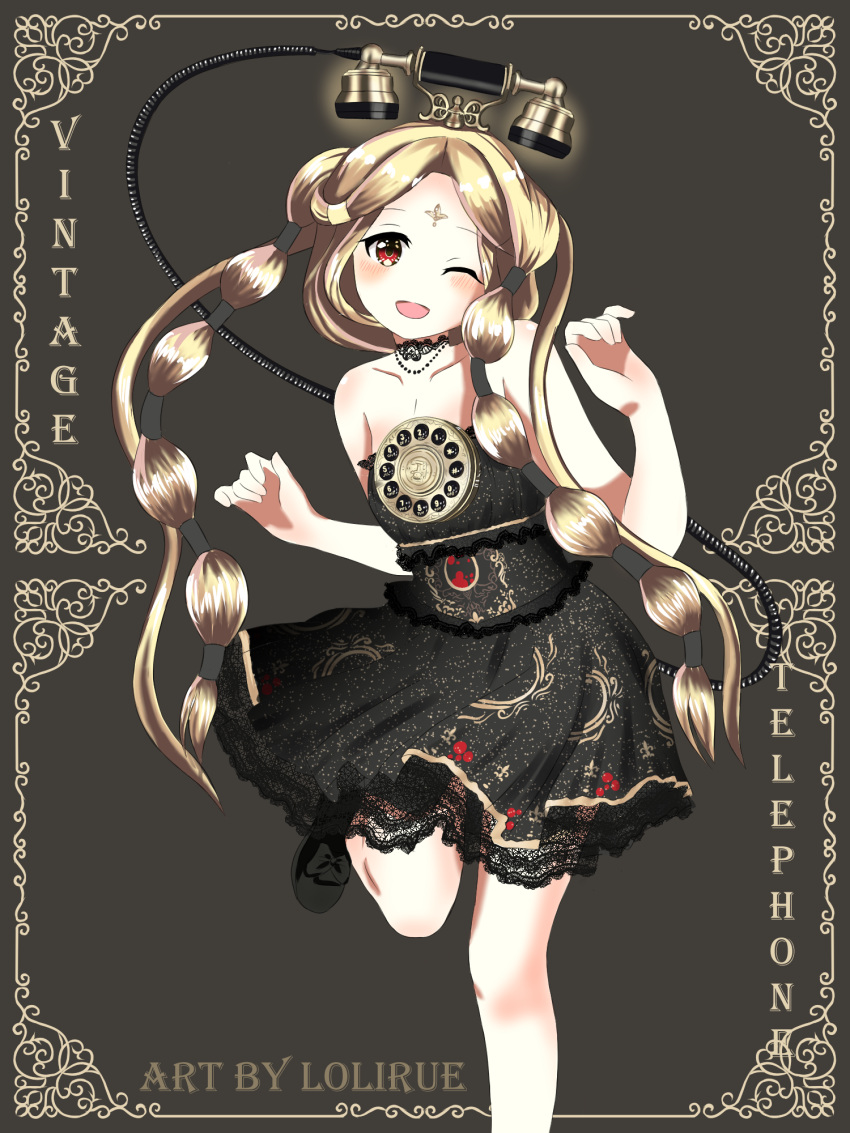 1girl ;d artist_name bare_shoulders black_choker black_dress black_footwear blonde_hair blush cable choker dress facial_mark forehead_mark grey_background hair_ornament hands_up highres lolirue looking_at_viewer one_eye_closed open_mouth personification phone red_eyes rotary_phone shoes smile solo standing standing_on_one_leg tri_tails