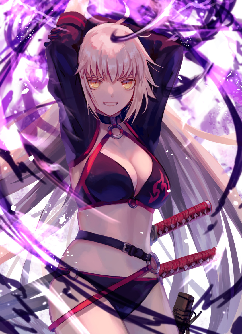 1girl :d animal_ears arms_up bangs belt belt_buckle bikini black_bikini breasts buckle cleavage commentary_request cowboy_shot fate/grand_order fate_(series) grey_hair halterneck highres jeanne_d'arc_(alter_swimsuit_berserker) jeanne_d'arc_(fate)_(all) katana large_breasts light_particles long_hair long_sleeves magic nomuraumu o-ring o-ring_bikini o-ring_top open_mouth sheath sheathed shrug_(clothing) skindentation smile solo swimsuit sword teeth thighs v-shaped_eyebrows very_long_hair weapon weapon_on_back yellow_eyes