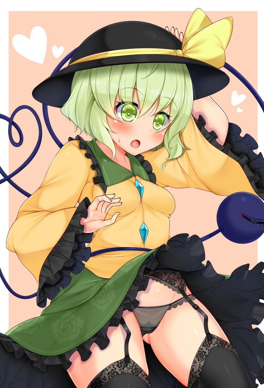 1girl arm_up bangs black_hat black_panties blush border bow breasts commentary_request cowboy_shot eyebrows_visible_through_hair floral_print frilled_shirt_collar frilled_sleeves frills garter_belt green_eyes green_hair green_skirt groin hair_between_eyes hand_on_headwear hat hat_bow heart heart_of_string highres komeiji_koishi lace lace-trimmed_panties lips long_sleeves medium_breasts open_mouth outside_border panties petticoat pink_background shiny shiny_skin shirt short_hair simple_background skirt skirt_lift solo standing thigh-highs thighs third_eye tokoya_(ex-hetare) touhou underwear white_border wide_sleeves yellow_bow yellow_shirt