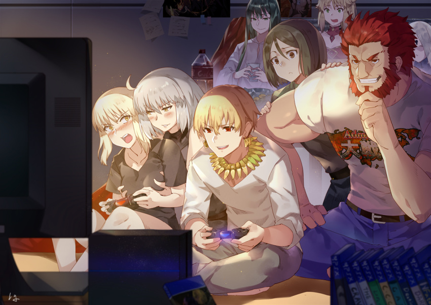 4boys 4girls abigail_williams_(fate/grand_order) ahoge artoria_pendragon_(all) beard biceps blonde_hair blush breast_grab breasts controller couch facial_hair fate/apocrypha fate/grand_order fate/zero fate_(series) game_console game_controller gilgamesh grabbing groping indian_style jeanne_d'arc_(alter)_(fate) jeanne_d'arc_(fate)_(all) mordred_(fate)_(all) multiple_boys multiple_girls nanaya_(daaijianglin) open_mouth parted_lips playing_games playstation_4 redhead rider_(fate/zero) saber_alter silver_hair sitting smile television waver_velvet yuri