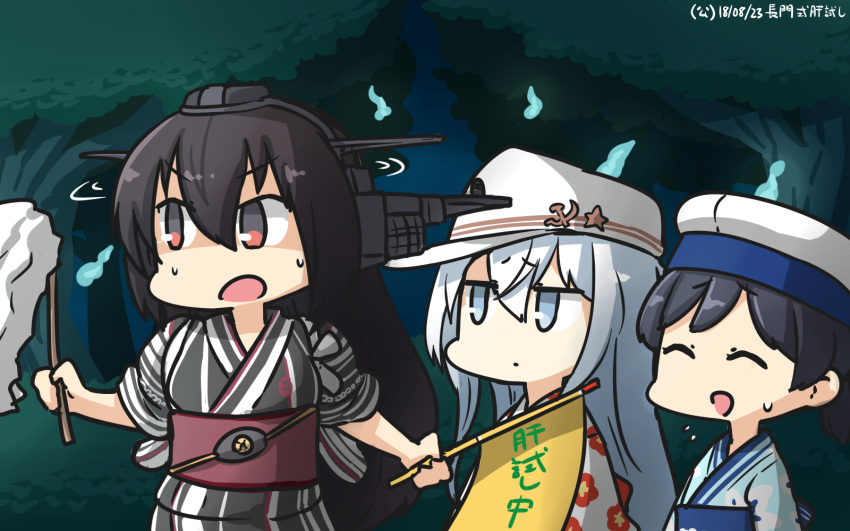 3girls ^_^ ^o^ alternate_costume black_hair blue_eyes closed_eyes closed_eyes commentary dated floral_print hair_between_eyes hammer_and_sickle hamu_koutarou hat headgear hibiki_(kantai_collection) hiburi_(kantai_collection) highres hitodama holding japanese_clothes kantai_collection kimono long_hair multiple_girls nagato_(kantai_collection) obi open_mouth red_eyes sailor_hat sash short_hair silver_hair smile verniy_(kantai_collection) white_hat yukata