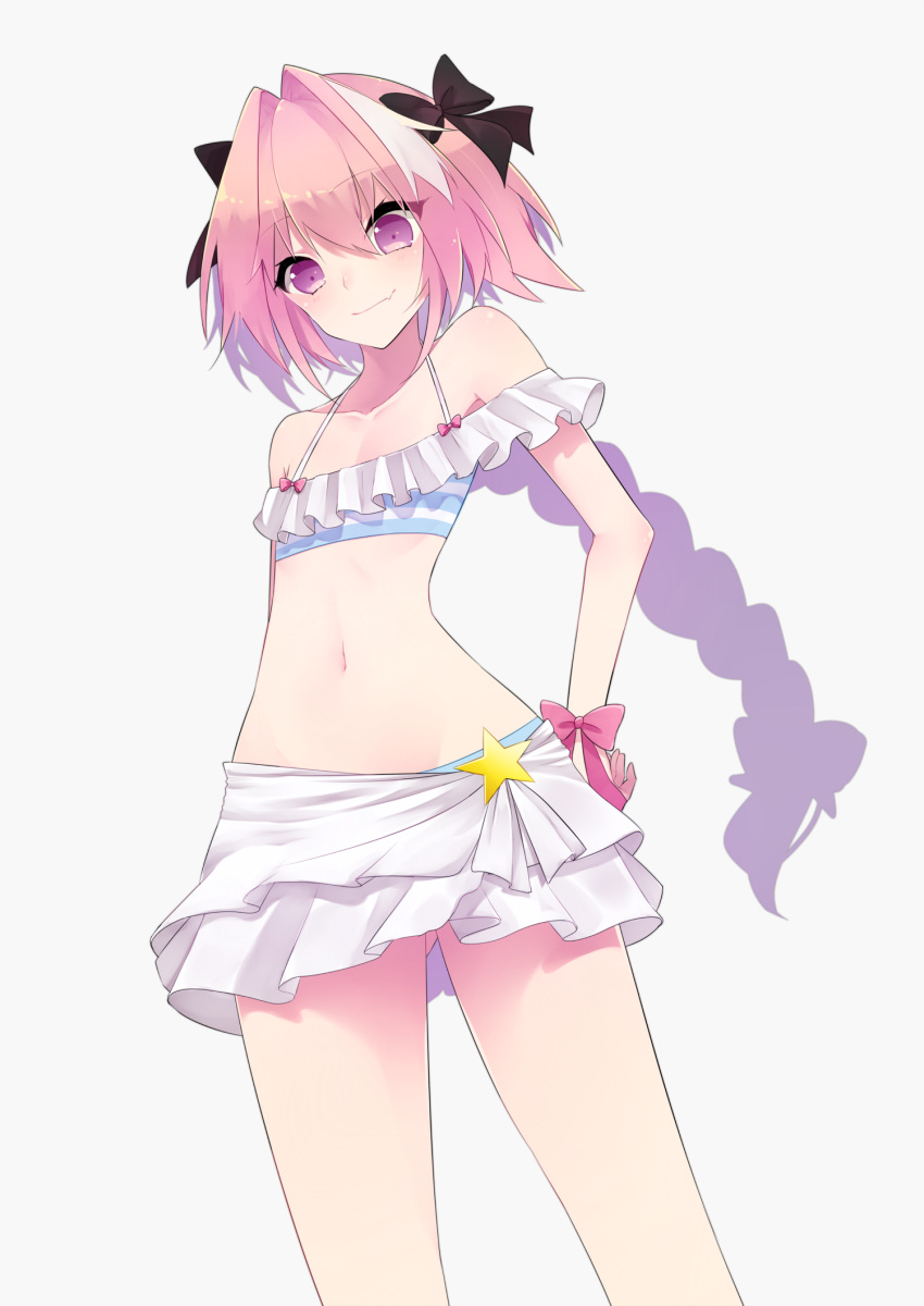 1boy ass_visible_through_thighs astolfo_(fate) bangs bikini black_bow blue_bikini blush bow braid collarbone contrapposto cowboy_shot eyebrows_visible_through_hair fang fate/extella_link fate/extra fate/grand_order fate_(series) frilled_bikini frills grey_background hair_between_eyes hair_bow hair_intakes highres long_braid long_hair looking_at_viewer male_focus mugi_001 multicolored_hair navel otoko_no_ko pink_hair red_bow single_braid solo star stomach streaked_hair swimsuit trap very_long_hair violet_eyes wrist_bow