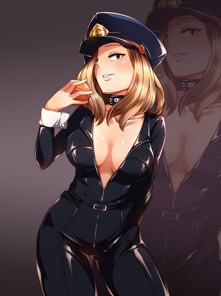 1girl ball black_bodysuit blonde_hair blush bodysuit boku_no_hero_academia breasts choker cleavage collar collarbone commentary_request hadome hat highres holding holding_ball large_breasts lips looking_at_viewer no_bra parted_lips peaked_cap short_hair skin_tight solo standing unzipped utsushimi_kemii