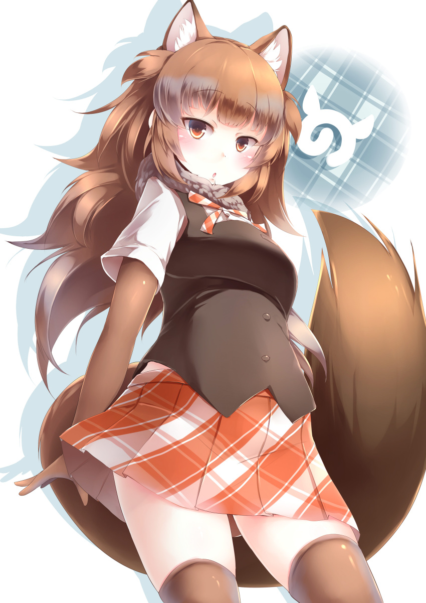 1girl absurdres animal_ears brown_gloves brown_hair brown_legwear commentary dhole_(kemono_friends) dog_ears dog_tail elbow_gloves extra_ears eyebrows_visible_through_hair fur_collar gloves highres japari_symbol kanzakietc kemono_friends long_hair looking_at_viewer open_mouth plaid plaid_skirt pleated_skirt skirt solo tail thigh-highs