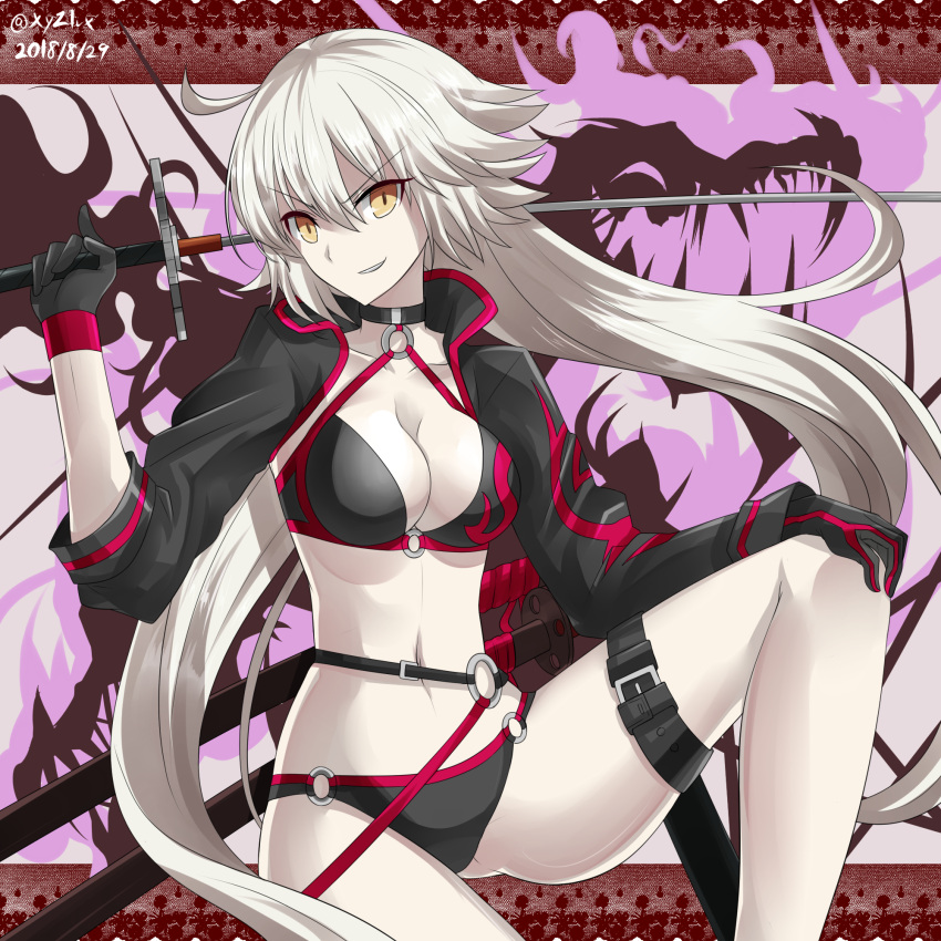 1girl ass_visible_through_thighs bangs belt_buckle bikini black_belt black_bikini black_choker black_gloves black_jacket breasts brown_eyes buckle choker cleavage collarbone commentary_request eyebrows_visible_through_hair fate/grand_order fate_(series) gloves grin hair_between_eyes hand_on_own_knee hebitsukai-san highres jacket jeanne_d'arc_(alter_swimsuit_berserker) jeanne_d'arc_(fate)_(all) leg_belt long_hair long_sleeves medium_breasts navel o-ring o-ring_bikini o-ring_bottom o-ring_top silver_hair sitting smile solo swimsuit v-shaped_eyebrows very_long_hair